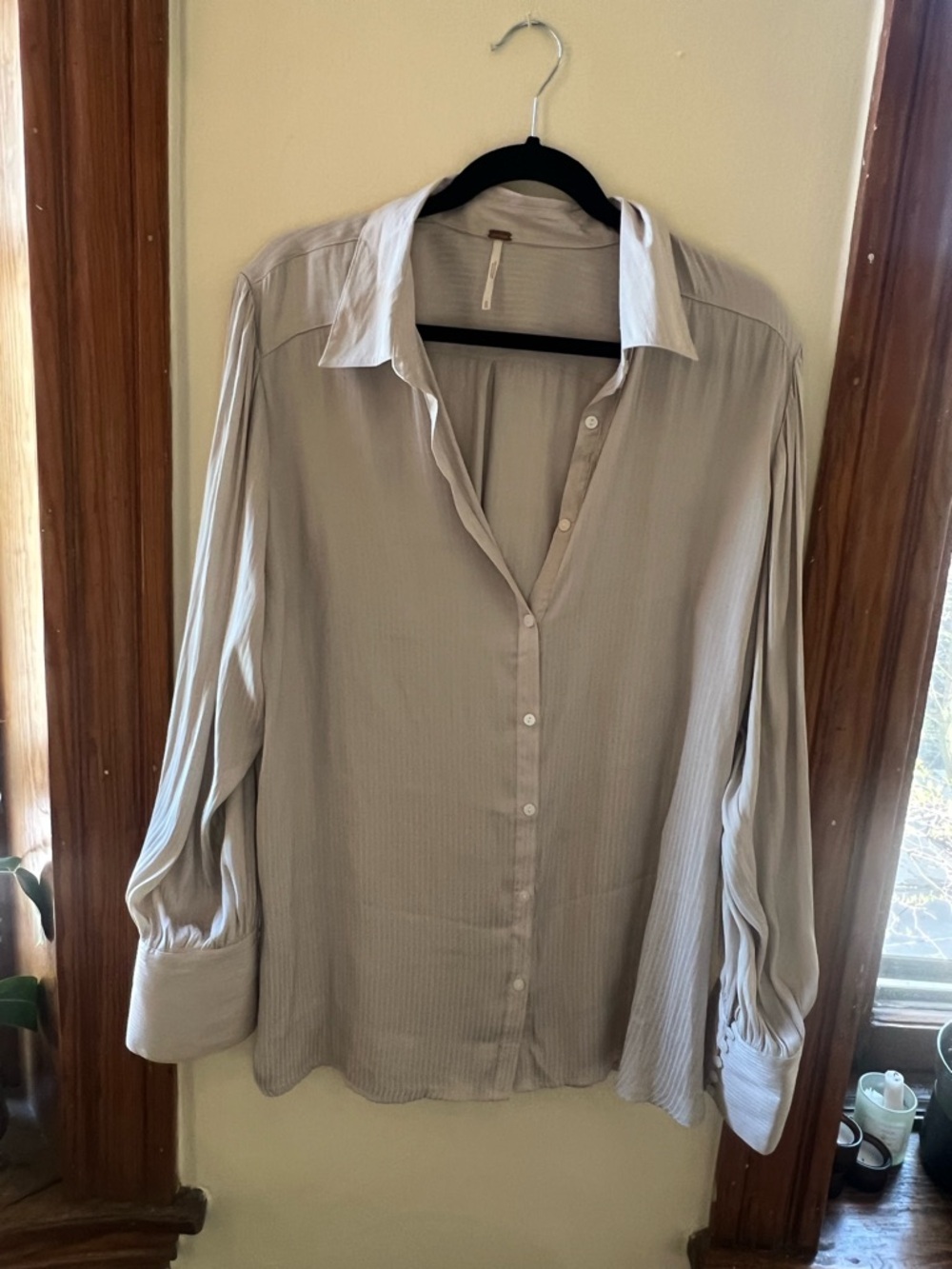 Free People Taupe Button-Down Shirt with White Collar